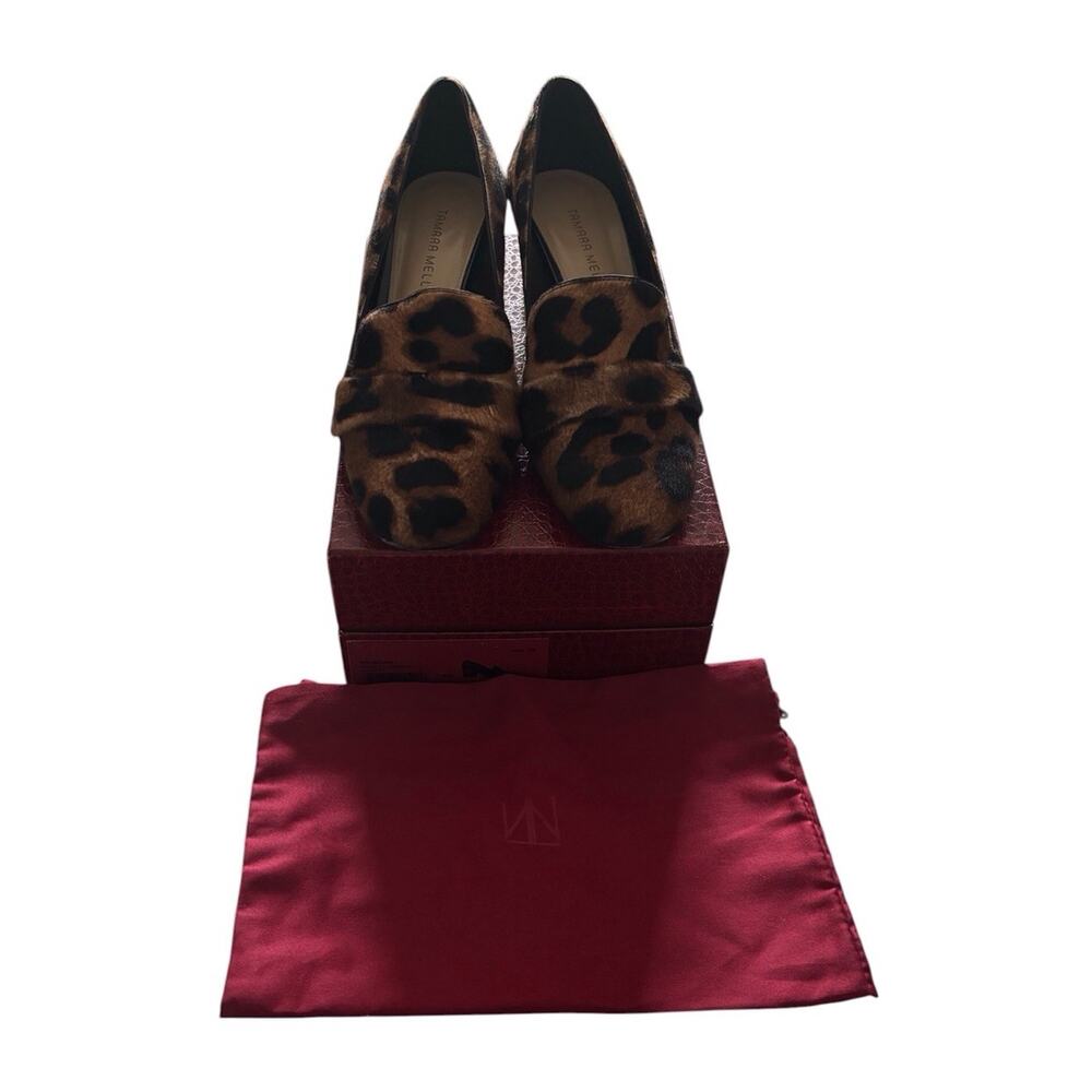 Tamara Mellon Fellini Heeled Loafers. Haircalf Leopard Print Size 39 8.5 US
